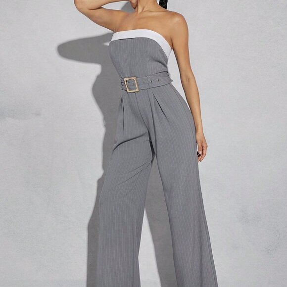 Grey Preppy Womens Pinstriped Tube Belted Jumpsuit - Picture 4 of 5